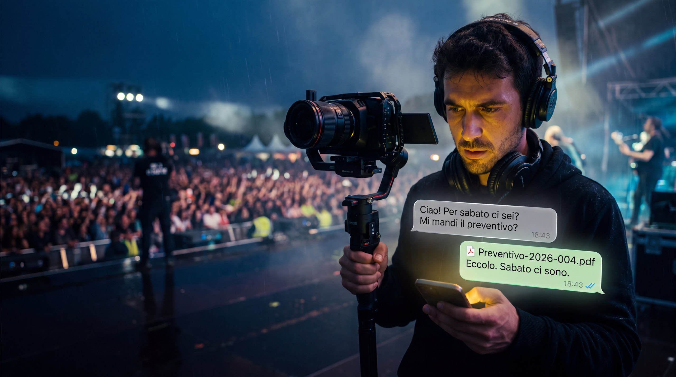 Un videomaker sul set risponde al cliente mandando il preventivo in PDF da WhatsApp